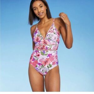 Kona Sol Ladder Trim Pink Floral One Piece Swimwear Size Large